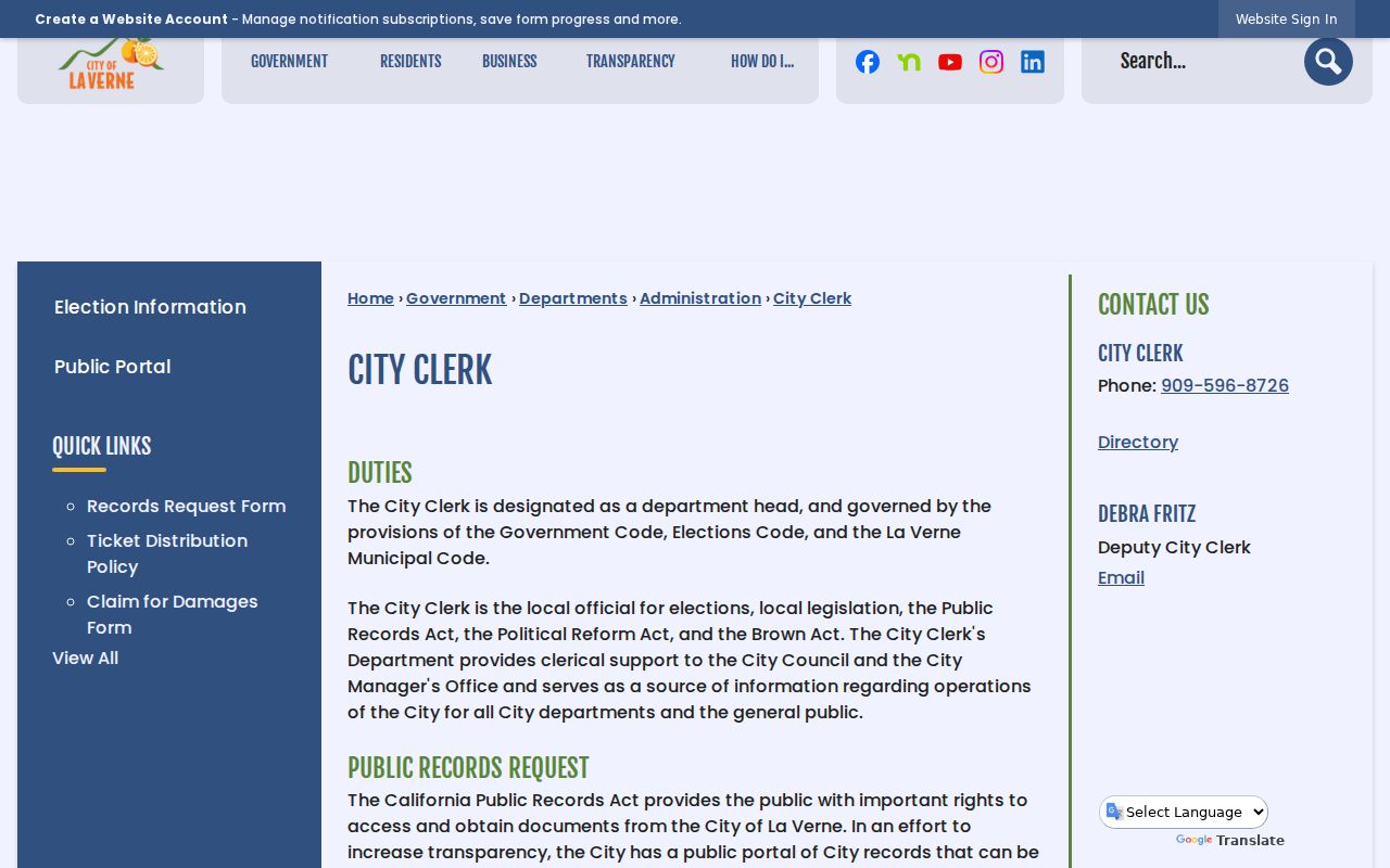 La Verne people search through the City Clerk records hub