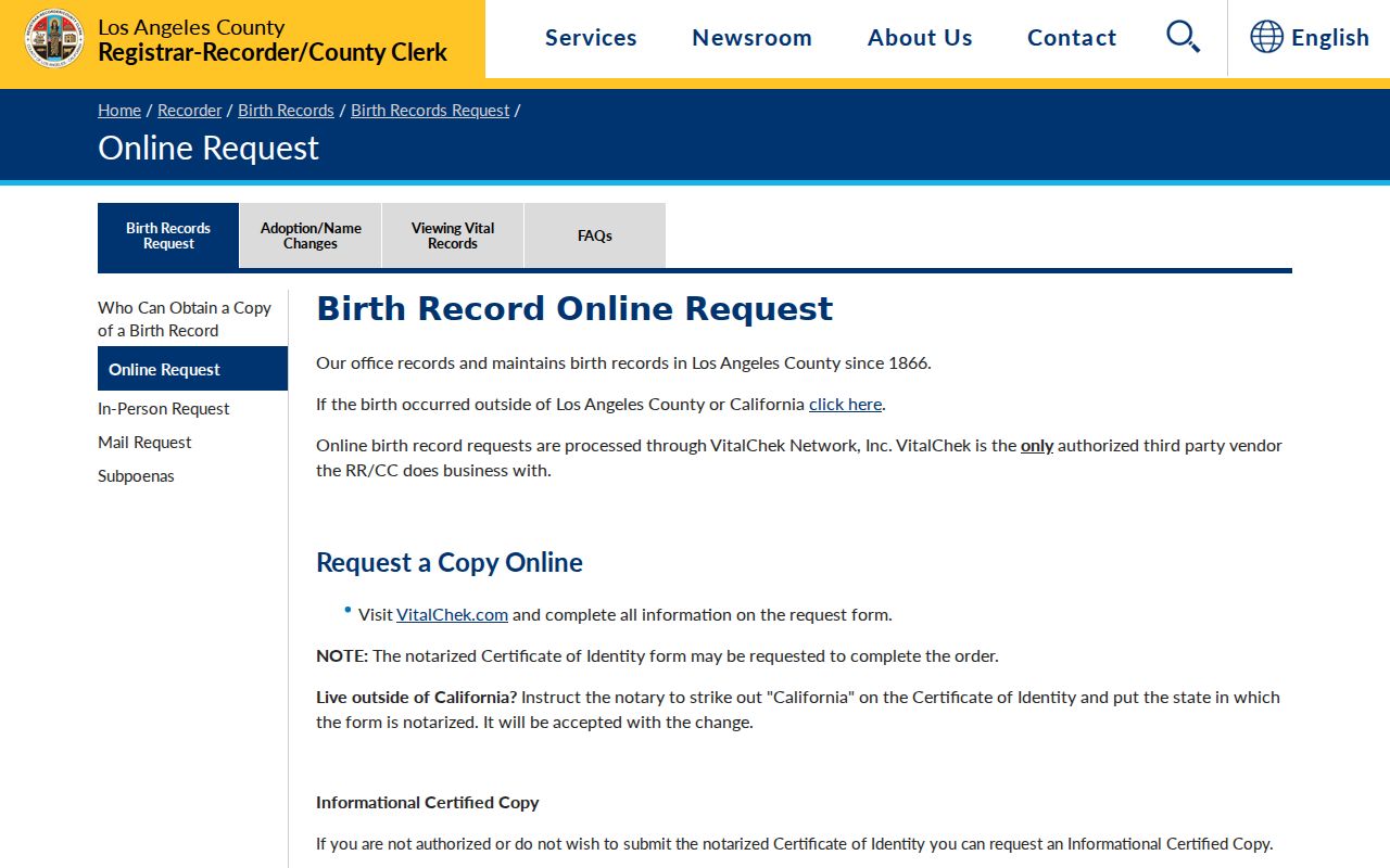 La Verne public records birth certificate request page