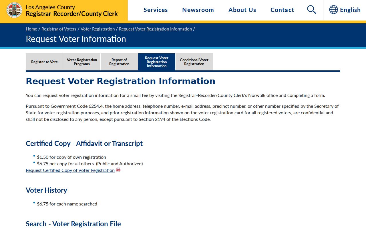 Los Angeles County request options and fees for La Verne voter registration records